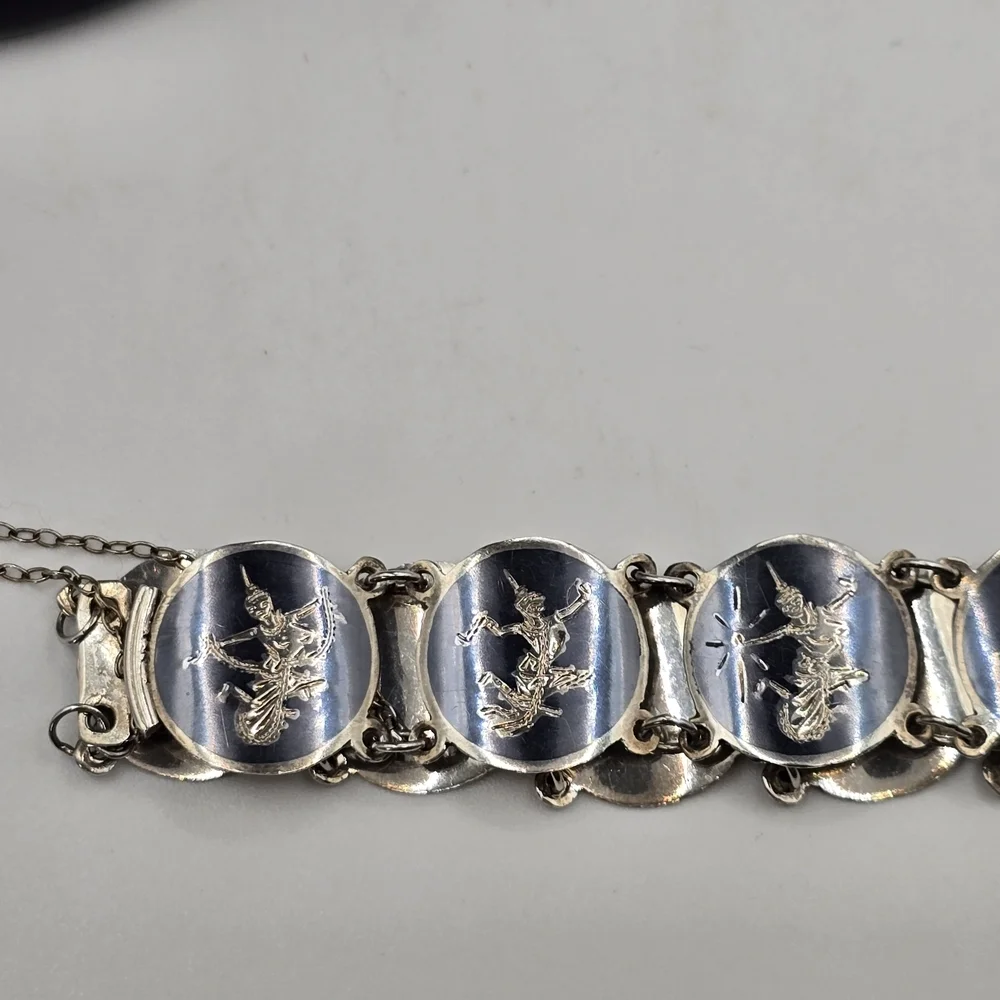 Vintage 1950s Siam Niello Sterling Silver Siam Dancer Fan linked bracelet